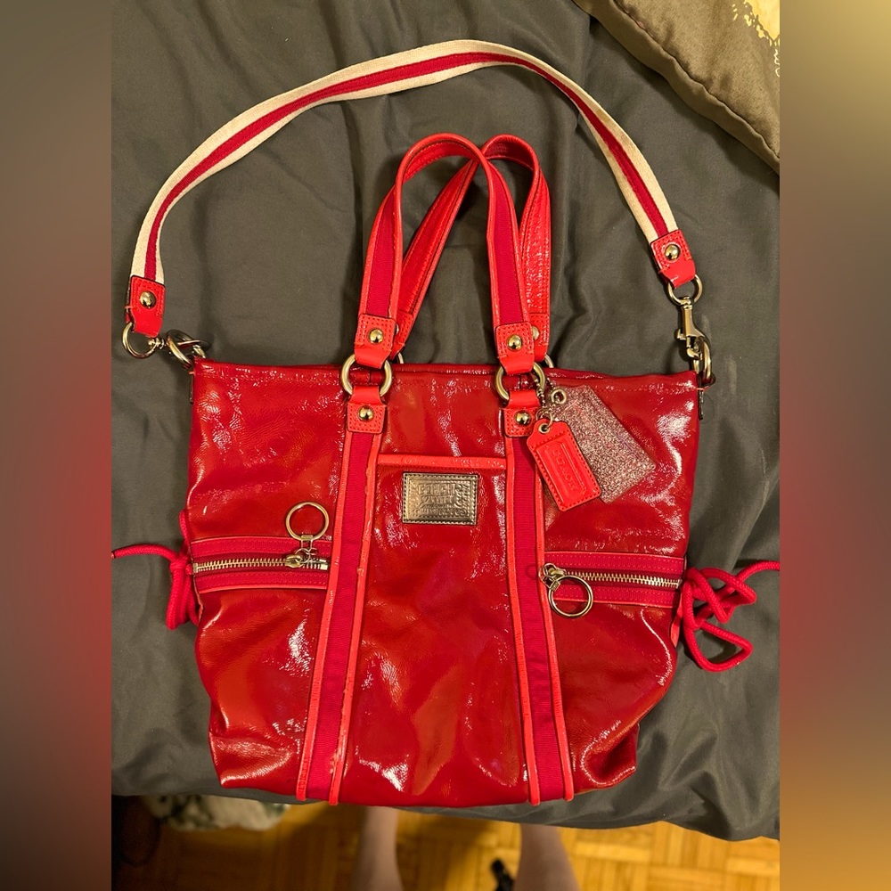 Coach Red Patent Leather Tote with Striped Strap